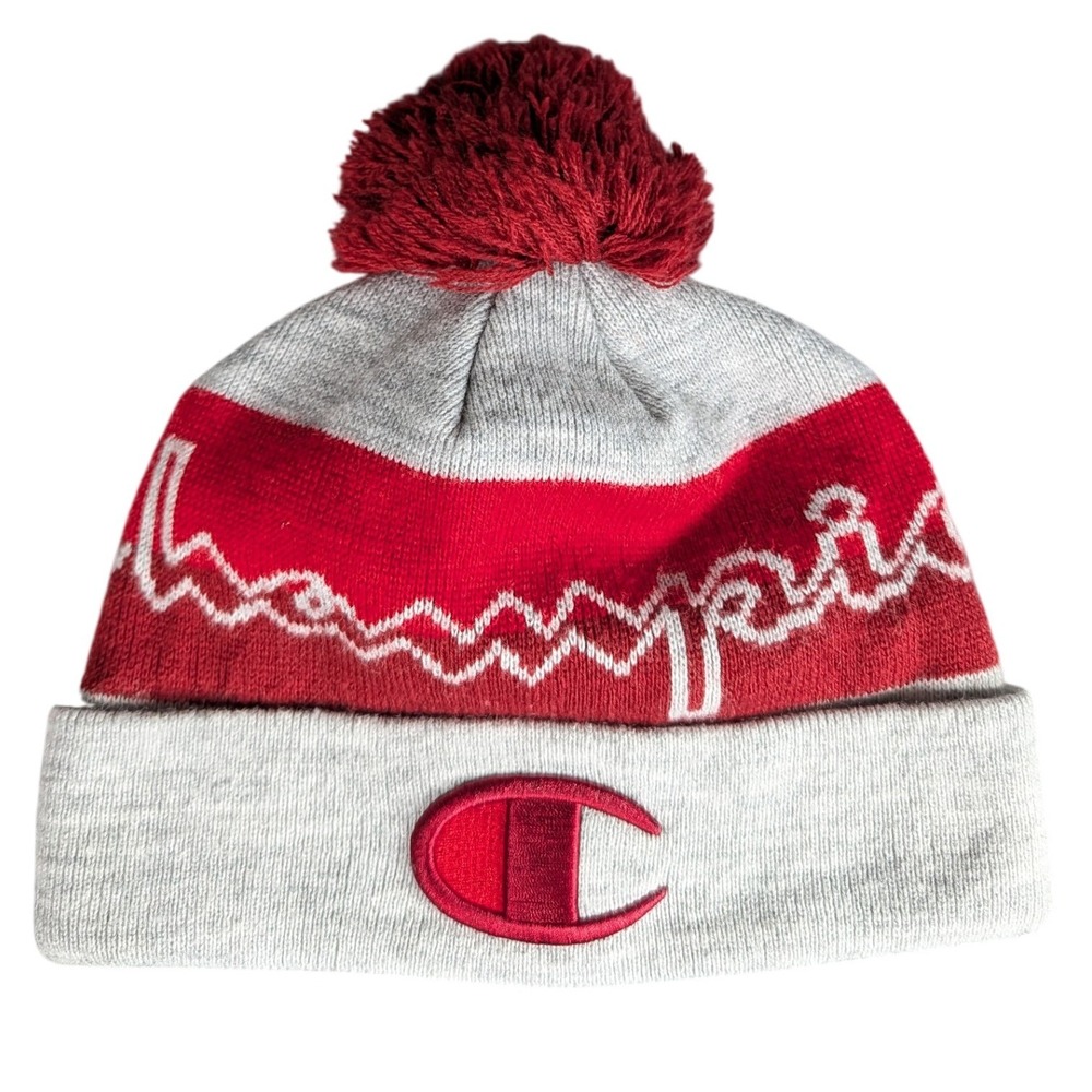 Champion Reversible Knit Beanie Hat Pom-Pom Red Grey Embroidered H01001